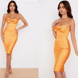 HOUSE OF CB Myrna Tangerine Satin Corset Midi Dress size Medium NWT